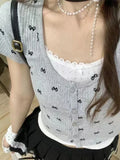 Uniwim Y2k Coqutte Buttons Bow Tie Crop Tops O-neck Short Sleeve Shirts Sweet Cardigan 2024 Summer T Shirts.