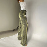 2024 Spring Bright Silk Wide Leg Pants for Women Elegant High Waist Zipper Trousers Autumn Solid Pocket Straight Pant Sweatpants