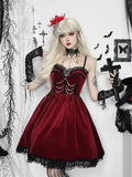 Uniwim  Christmas Gothic Red Dress Women Y2k E-girl Aesthetic Hotsweet Lace Patchwork Spaghetti Strap High Waist Velvet Dress