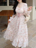 Uniwim 2024 Spring Pink Floral Elegant Dress Women Bandage Lace Print Sweet Vintage Dress Puff Sleeve Kawaii Dress Women Princess Fairy