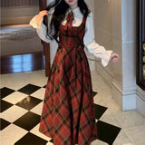 Uniwim French Vintage Two-piece Dress Set Women Flare Sleeve Shirt Red Plaid Strap Dress A-line Autumn Winter New Christmas Party Dress