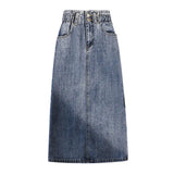 2024 New Arrival Summer Autumn Korean Style Women Casual Straight Mid-calf Skirt Elastic Waist Cotton Denim Patchwork Skirt P602