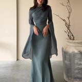 Uniwim Satin Solid Robe Dress Ladies Temperament O-neck Slim Evening Dress Elegant Batwing Sleeves High Waist Pleats Long Dress