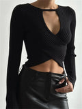 Tossy Knit Sweater Pullover For Women V-Neck Ribbed Long Sleeve Patchwork Hollow Out Cropped Top Slim Elegant Solid Knitwear Top