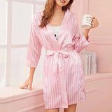 Uniwim Women Satin Silk Sleepwear Striped Sexy Lingerie Pajamas Women Nightdress Underwear Robes Casual Home Wear Long-Sleeve Sleepwear