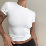 White Short Sleeve T-shirt Women Summer 2024 Casual Red Base Crop Top Y2k O-Neck Tee Shirt Ladies Simple Stretch Slim Pulovers