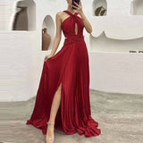 Uniwim Fashion Banquet Halter Hollow Out Party Dress Women Temperament High Waist Slim Maxi Dress Elegant Sexy Pleated Slit Long Dress