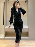 Uniwim Hepburn Black Velvet Polka Dot Bodycon Women's Long Dress Autumn Winter Luxury Party Vestidos 2024 Korean Elegant Evening Dress