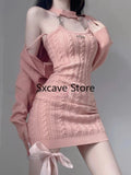 Uniwim Autumn Pink Knitted Suits Office Lady Casual Y2k Crop Tops + Mini Dress Korea Fashion Clothing Even Party 2 Piece Dress Set