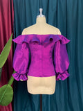 Uniwim Off Shoulder Blouse Plus Size Ruffles Long Flare Sleeve Shiny Purple Tops Evening Party Cocktail Club Wear Shirts Blouses 4XL