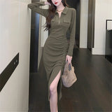 Uniwim-Casual Solid Women Midi Dress for Autumn Fashion 2023 New Long Sleeved Polo Collar Elegant Chic Office Lady Slim Long Dresses