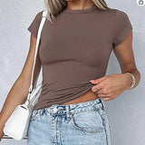 White Short Sleeve T-shirt Women Summer 2024 Casual Red Base Crop Top Y2k O-Neck Tee Shirt Ladies Simple Stretch Slim Pulovers