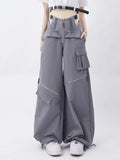 QWEEK Streetwear Cargo Pants Women Y2k Baggy Techwear Wide Leg Trousers Sexy High Waisted Hollow Out Gray Black Pantalones Mujer