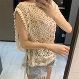 Uniwim Summer Crochet Top Shirt Women's Knitted Vest Sleeveless T Shirt Sexy Holow Out Side Lace Up Lace T-Shirt Tee Shirt Femme