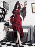 Uniwim Red Rose Fishtail Dress Women New 2024 Autumn Lolita Sweet Sexy Girl Slim Goth Mid-length Suspender Dress with Hand Sleeves