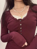 Uniwim Y2k Coquette Lace Slim T-shirts Button Long Sleeve Tops Knitted Cute Basic Harajuku Tee clothes for women.