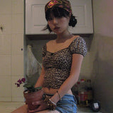 Uniwim Karrram Japanese Y2k Leopard Print Tops Vintage Harajuku Short Sleeve Crop Top Trashy 2000s V-neck Lace T-shirt Coquette Korean