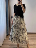 Uniwim Women Embroidery Flower Tulle Gauze Skirt Elegant Sweet Elastic Waist Midi Floral Mesh Skirt For All Season