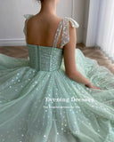 Uniwim Mint A-line Fairy Glitter Tulle Ankle Length Cocktail Dress Sweetheart Bow Straps Birthday Gown with Pockets WC9740