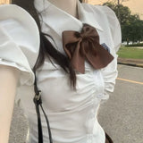 Uniwim Korean Simple White Puff Sleeve Slim Fit Shirts Women+ Summer  Waist Ruched A-line Skirts+ Brown Bow Y2k Three Piece Sets