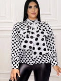 Uniwim Plus Size Blouse for Women Black White Printed Long Sleeves Button Up Formal Occasion Office Lady Work Shirts Tops with Bowtie