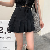 Uniwim Vintage Pleated Denim Skirt Women Black Sexy Y2K Mini Skirts Retro Gothic Casual Patchwork Streetwear A-line Jean Skirt