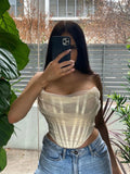 Colysmo Mesh Crop Top Women Summer Tops Sexy Party Club Wear Off Shoulder Corset Top Solid Color Casual Streetwear Tube Top