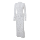 Uniwim Sexy White Lace Printed Maxi Dress For Women See-Through Hollow Out Full Sleeve V Neck Slit Slim Long Dress Party Club Outfit