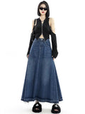 Uniwim Retro Blue Denim Fringe Slim Umbrella Half Length Skirt For Women A Line