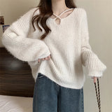 Uniwim V-neck Sweaters 2024 Autumn Winter Retro Knitted Jumper Tops Y2K Harajuku Casual Women Basic Loose Pullover Korean Style