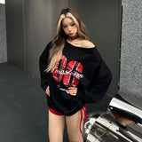 Uniwim 2024 Autumn and Winter American Streetwear Large Neckline Letter Sports Trendy Slanted Shoulder Sweatshirt Womens Loose Clothing