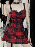 Uniwim Gothic Red Plaid Dress Women Streetwear Harajuku Emo Alt Lace Patchwork Bandage Corset Dress Y2k Cute Lolita Dress