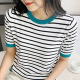 Short Sleeve T-shirts Women Striped Basic Chic Simple All-match Harajuku Retro Cotton O-neck Trendy Loose Leisure Cozy Womens