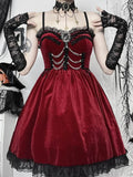 Uniwim  Christmas Gothic Red Dress Women Y2k E-girl Aesthetic Hotsweet Lace Patchwork Spaghetti Strap High Waist Velvet Dress