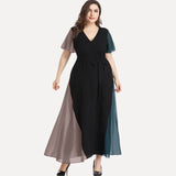 Uniwim Plus Size V-neck Summer Elegant Chiffon Party Dress Women Short Sleeve Maxi Casual Dress Sash Waist Fit Flare Evening Dress 6XL