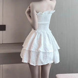 Uniwim White Lace Strapless Mini Dress Sweet Sexy Backless Girdle Waist Ruffle Casual Slim Dresses Party Vacation Short Dress