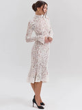 Uniwim Lace Long Sleeve Sexy Midi Dress For Women Elegant White Half High Collar High Waist Bodycon Club Party Sexy Long Dress