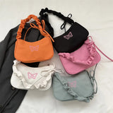 Uniwim Embroidery Bowknot Butterfly Shoulder Bag Y2k-Style Ruffle Handle Nylon Bow Tote Bag Makeup Lipstick Bag Handbag New