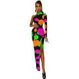 Neon Paint Long Dress Women Graffiti Splatter Print Party Maxi Dress Summer Long Sleeve Sexy Bodycon Dresses Side Split Clothes