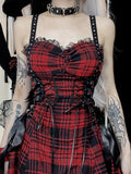 Uniwim Gothic Red Plaid Dress Women Streetwear Harajuku Emo Alt Lace Patchwork Bandage Corset Dress Y2k Cute Lolita Dress