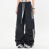 Uniwim Y2K Kpop Cargo Pant Women Drawstring Pockets Wide Leg Chic Punk Pants Baggy Striped Sports Sweatpants Parachute Jogger Trousers