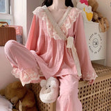 Uniwim Pajamas Set Women Pure Cotton Spring Autumn New Sleepwear Suit Long Sleeved Lace Sweet Girl Japanese Kimono Cotton Home Clothing