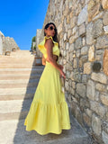 One Shoulder Ruffle Dress Hollow Out Bodycon  Women Sleeveless A-line Yellow Long Dress Fashion Beach Style Female Robe Summer