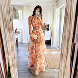 Uniwim Spring Printed Hollow Boho Long Dress Women Elegant Tunic Mesh Lace Cake Party Dress Summer Halter Sleeveless Holiday Maxi Dress