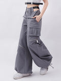 QWEEK Streetwear Cargo Pants Women Y2k Baggy Techwear Wide Leg Trousers Sexy High Waisted Hollow Out Gray Black Pantalones Mujer