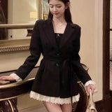 Uniwim Elegant Black Suit Dress Women Lace Patchwork Blazer Dress Turn-down Collar Slim Korean Fashion Y2K Autumn New Mini Vestidos