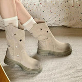 Uniwim Stars Slip-On Mid-Calf Boots Hollow Out Platform Chunky Mid-Heel Round Toe Women Shoes Sweet Leisure Boots For Woman