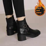 Uniwim Christmas Gifts Black Belt Buckle Round Toe Mid Heel Short Boots For Women