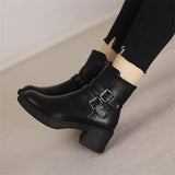 Uniwim Christmas Gifts Black Belt Buckle Round Toe Mid Heel Short Boots For Women