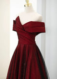 Uniwim 2024 A-line Off Shoulder Wine Red Tulle Long Party Dress, Wine Red and Black Prom Dress